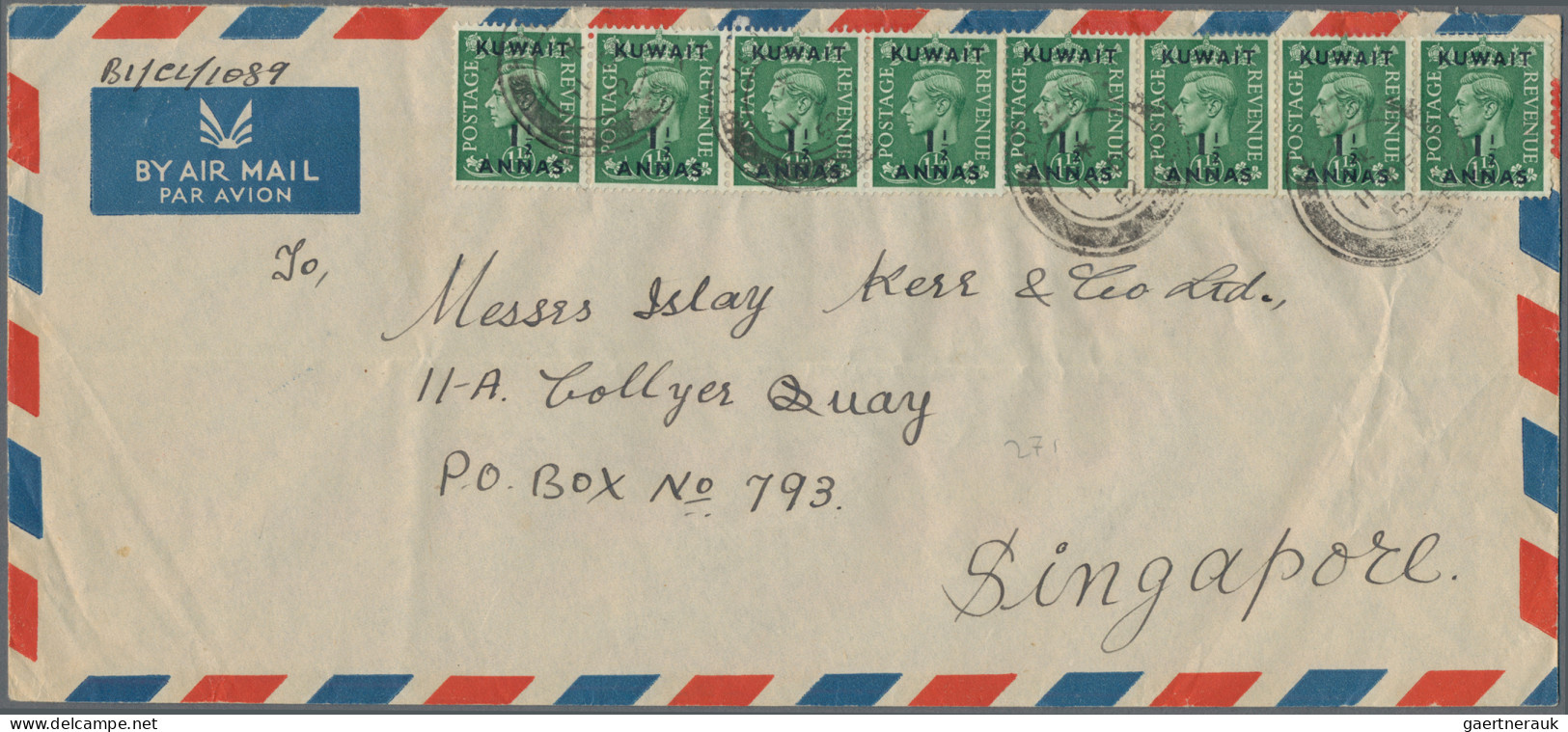 Kuwait: 1952 Air Mail Envelope To Singapore Franked By 8 (two Strips Of Four) KG - Koweït