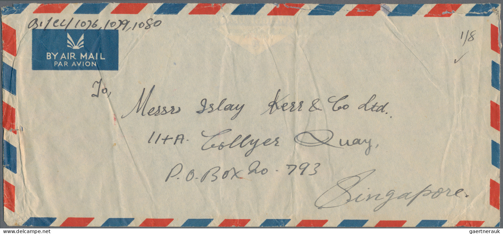 Kuwait: 1952 Air Mail Envelope To Singapore Franked On The Reverse By 12 (blocks - Kuwait