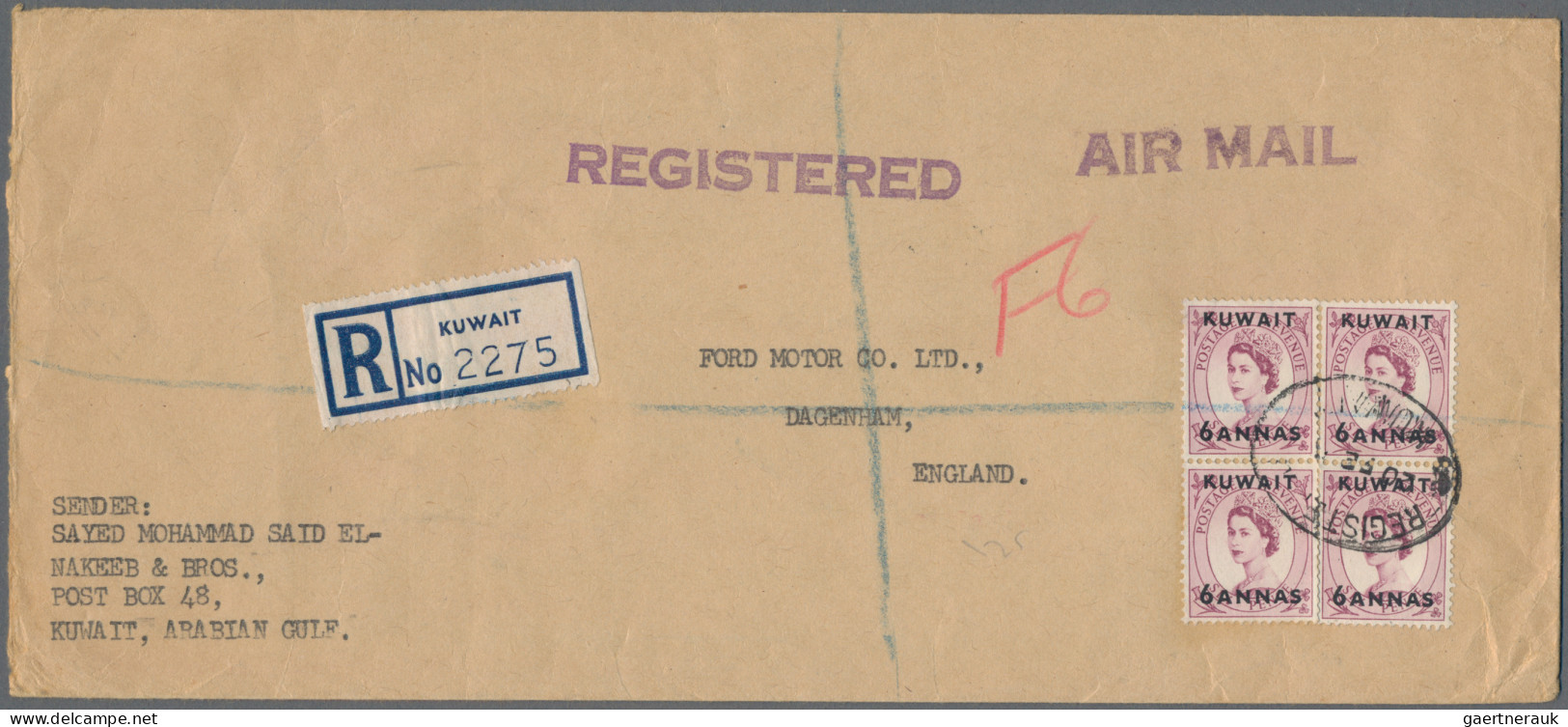 Kuwait: 1955 Registered Air Mail Envelope To England Bearing 1954 6a On 6d Two P - Kuwait