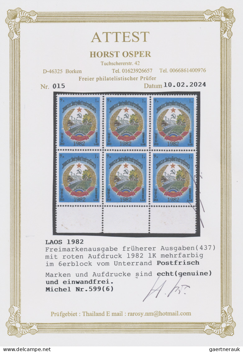 Laos: 1982 1k. Optd. "1982" In Red, Bottom Marginal Block Of Six, Mint Never Hin - Laos
