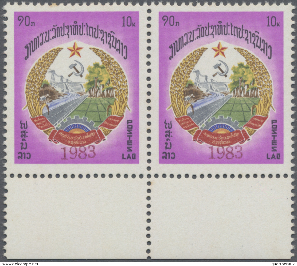 Laos: 1983 10k. Optd. "1983" In Red, Bottom Marginal Pair, Mint Never Hinged, Li - Laos