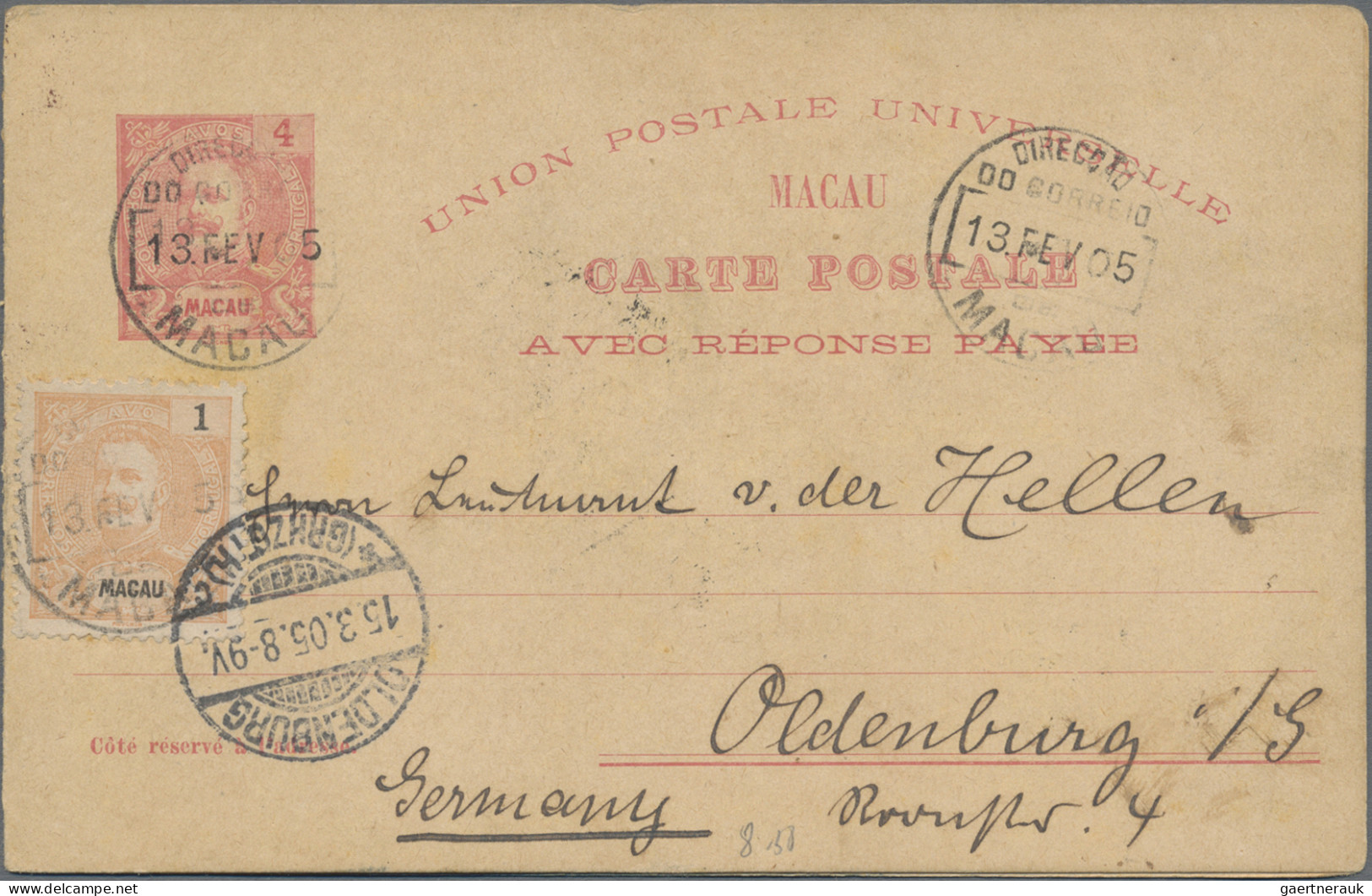 Macau - Postal Stationery: 1905, UPU Reply Card 4 A.+4 A. Uprated 1 A. Canc. "Ma - Postal Stationery