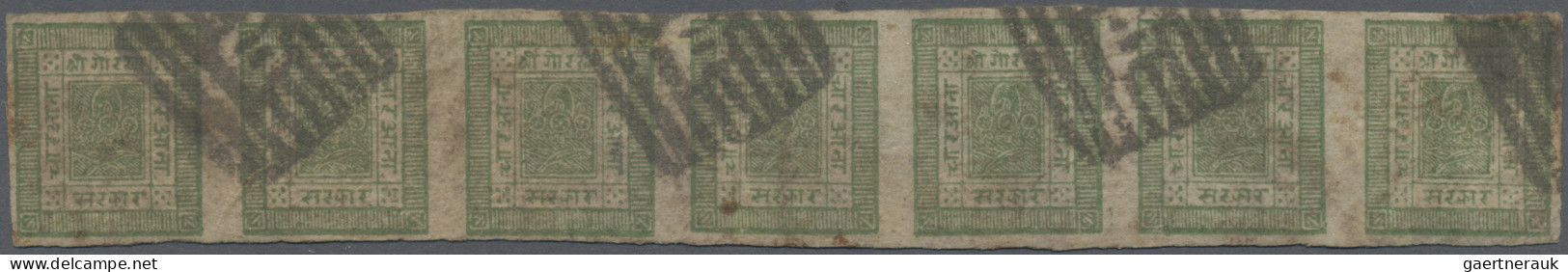 Nepal: 1886-90 4a. Green Horizontal Strip Of Seven (Pos. 18-24) From 4th Setting - Nepal