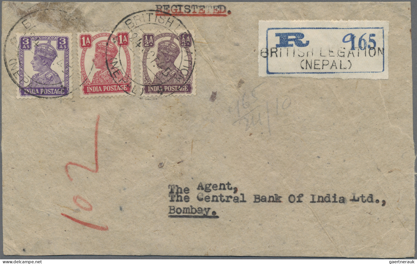 Nepal: 1945 Registered Cover From The British Legation Nepal To Bombay, Franked - Nepal