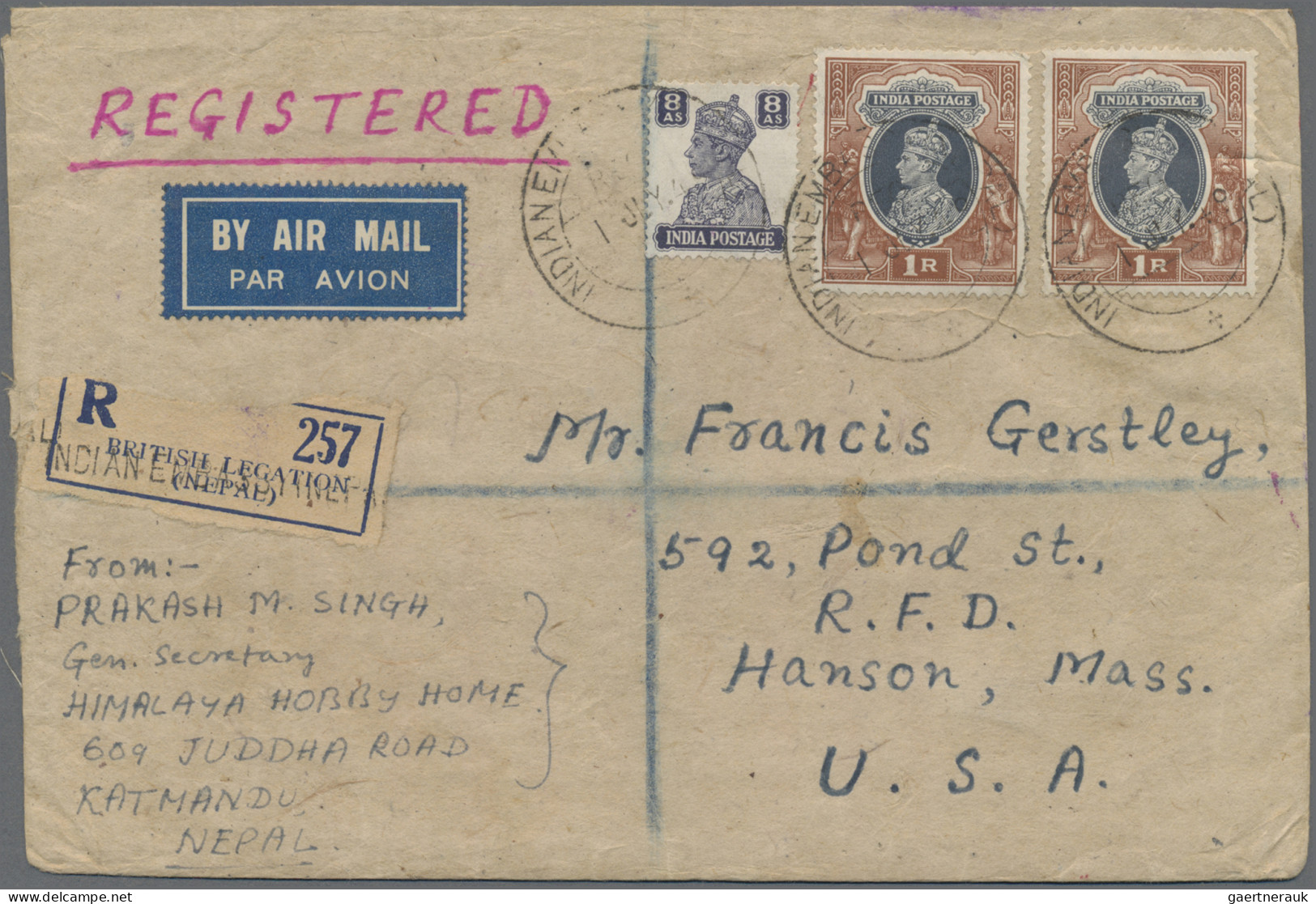 Nepal: 1949 Registered Cover From Kathmandu To Hanson, Mass., USA Via New York, - Népal