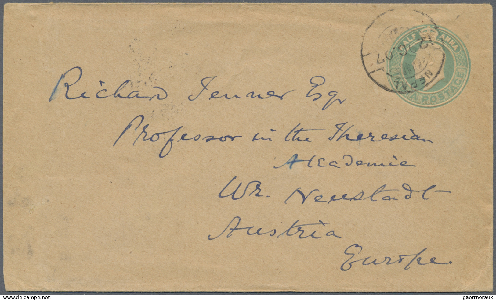 Nepal - Postal Stationery: 1907, 1/2 Anna Green KEVII India Pre-stamped Env. Use - Nepal
