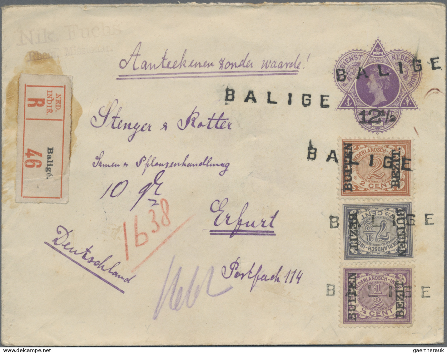 Dutch India - Postal Stationery: 1912, Envelope 12 1/2 C. On 25 C. Uprated "Buit - Nederlands-Indië