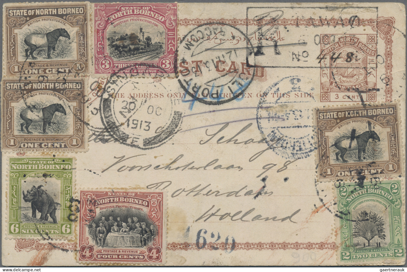 North Borneo - Postal Stationery: 1913, Stationery Card 3 C. Brown Uprated 1908/ - Andere-Azië