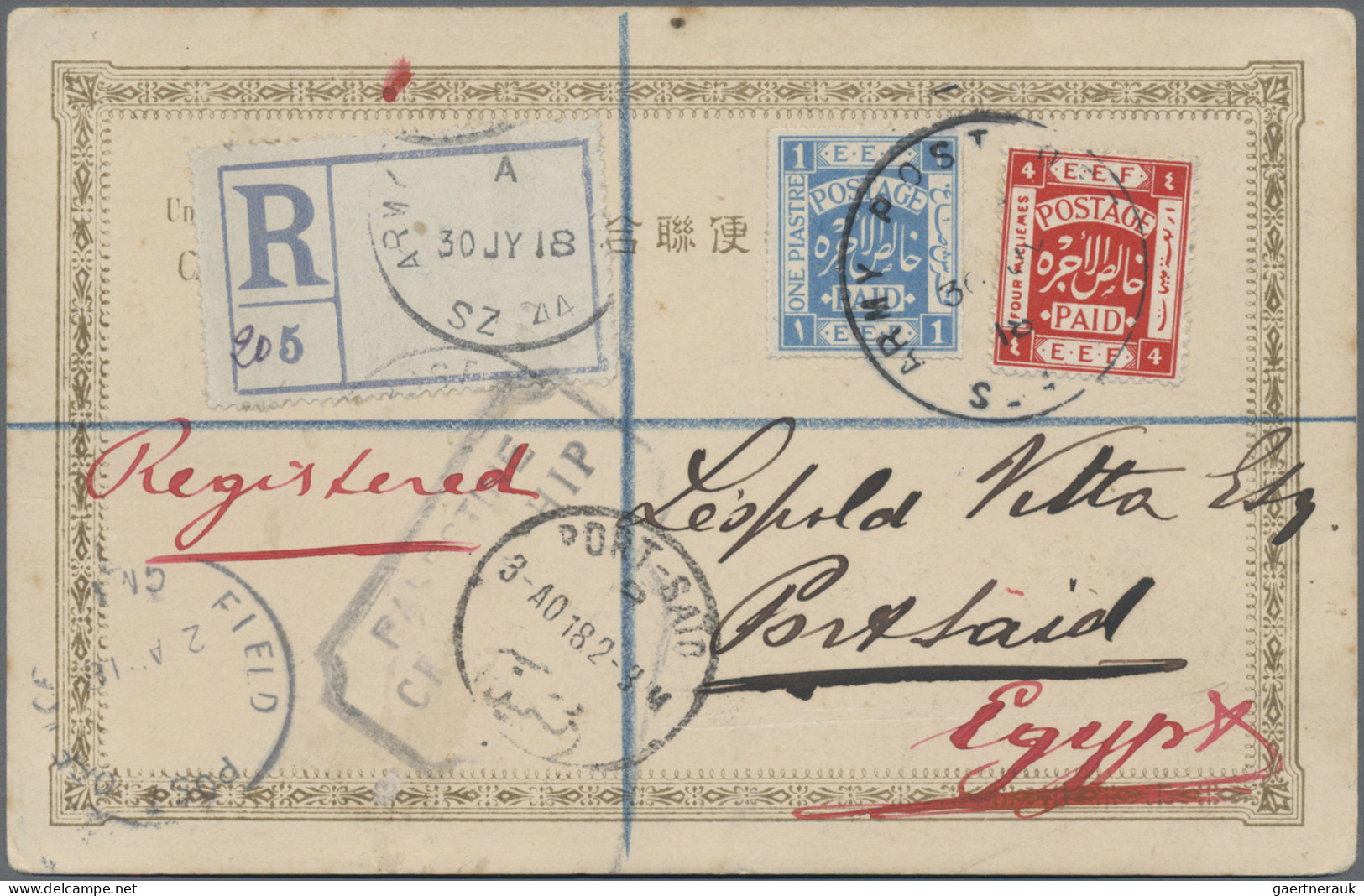 Palestine: 1918, EEF 4 M. Red And 1 P. Blue Tied "Army Post Office SZ 44 30 JY 1 - Palestine