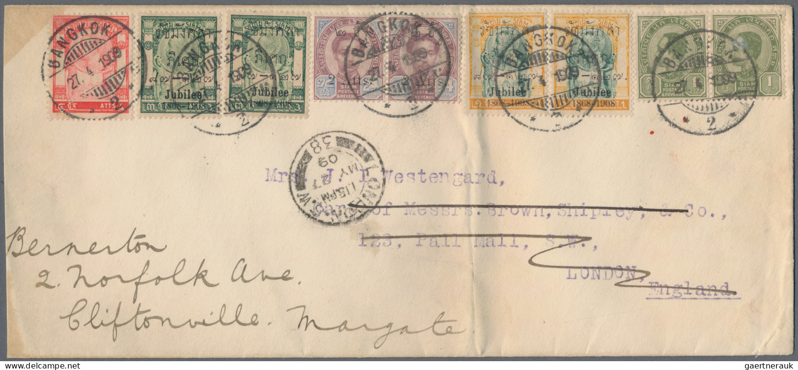 Thailand: 1909 Envelope (with Red Coat Of Arms On Back-flap) Used From Bangkok T - Thailand