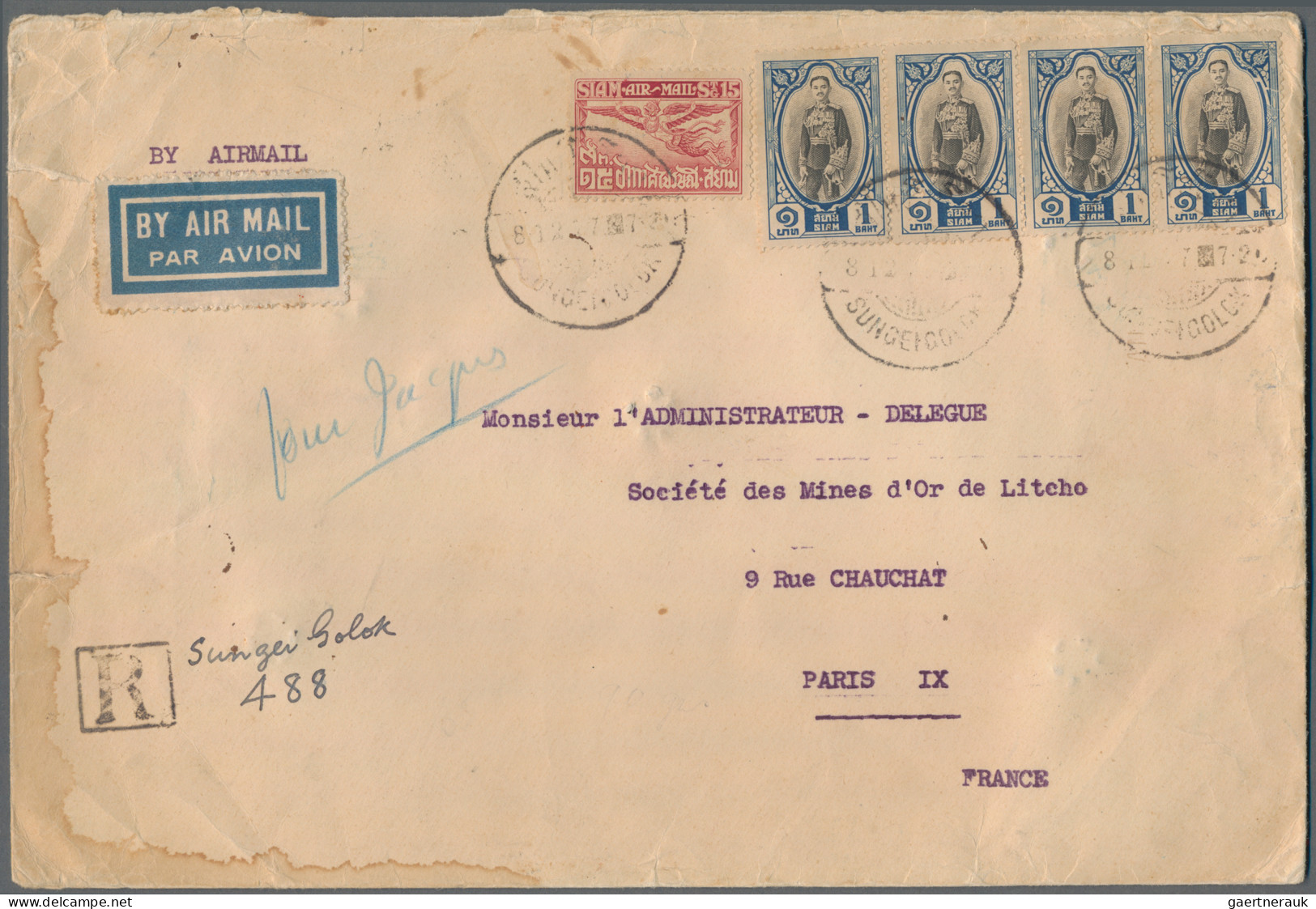 Thailand: 1935 Air Mail Envelope Used Registered From Sungei-Golok To Paris Via - Thailand