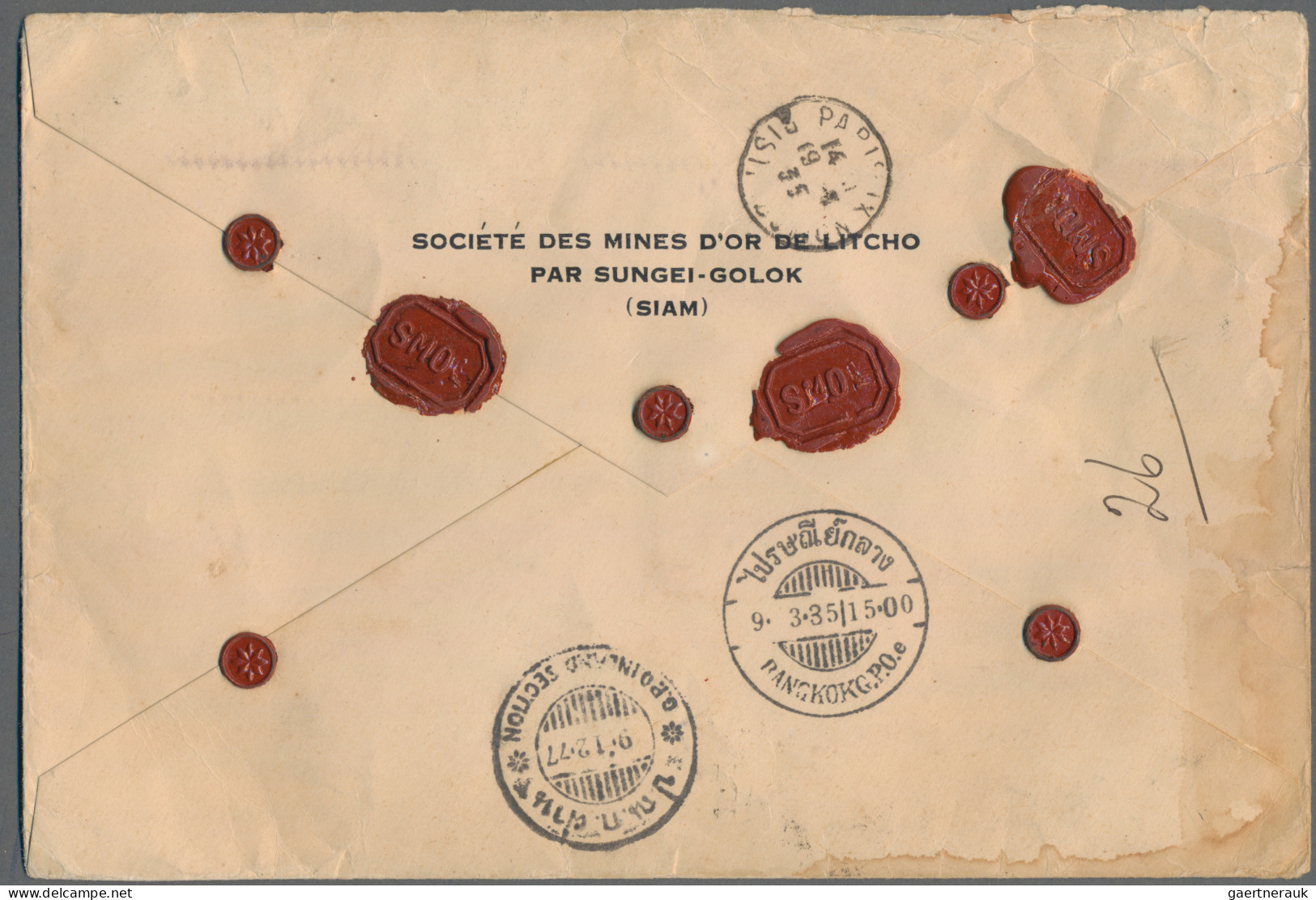 Thailand: 1935 Air Mail Envelope Used Registered From Sungei-Golok To Paris Via - Thailand