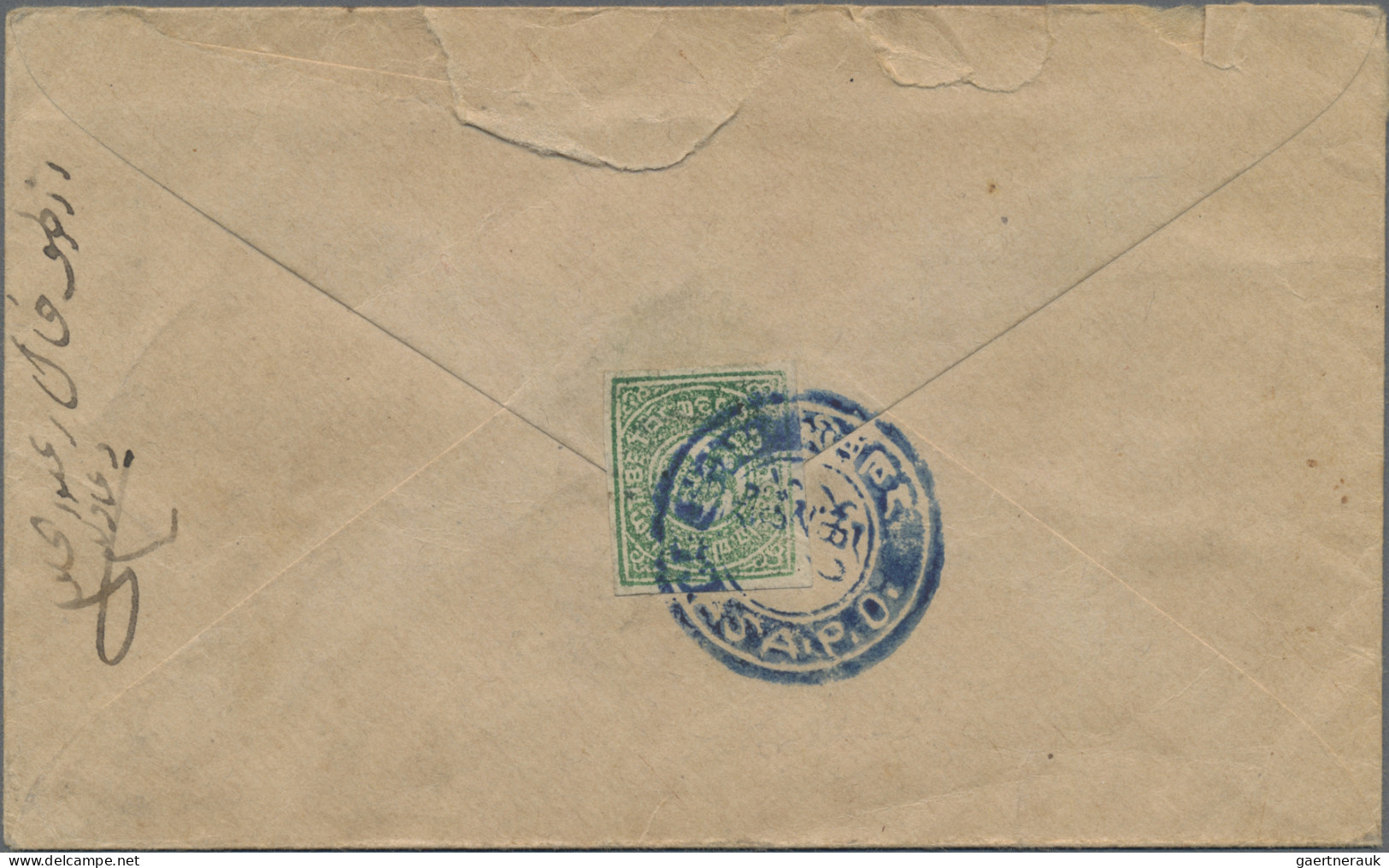 Tibet: 1912, 1/6 T. Green Tied Blue Negative "LHASA P.O." To Reverse Of Inland C - Andere-Azië