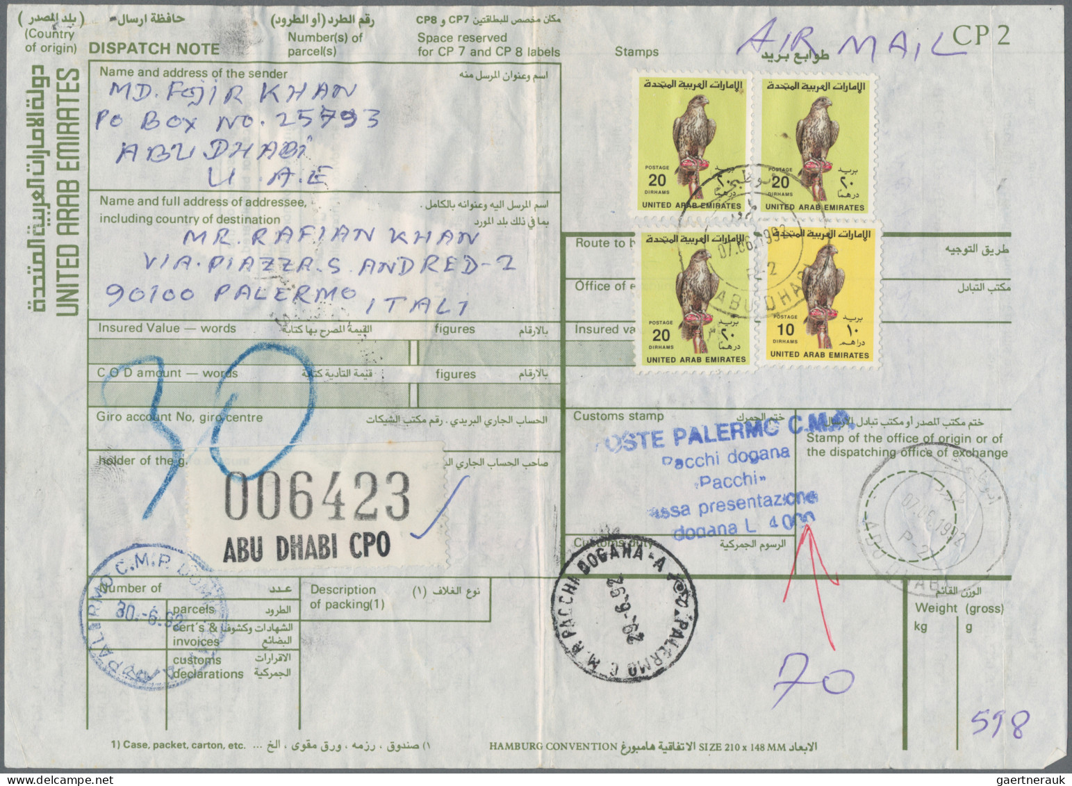 United Arab Emirates: 1992 Two Registered Parcel Post Cards To Palermo, Italy Wi - Ver. Arab. Emirate