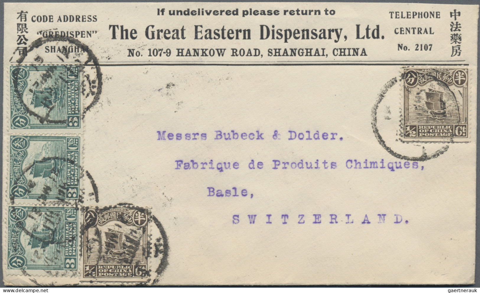 China: 1913/1933, Junk/reaper, Covers (23 + 2 Fronts) To Switzerland Inc. Surcha - Covers & Documents