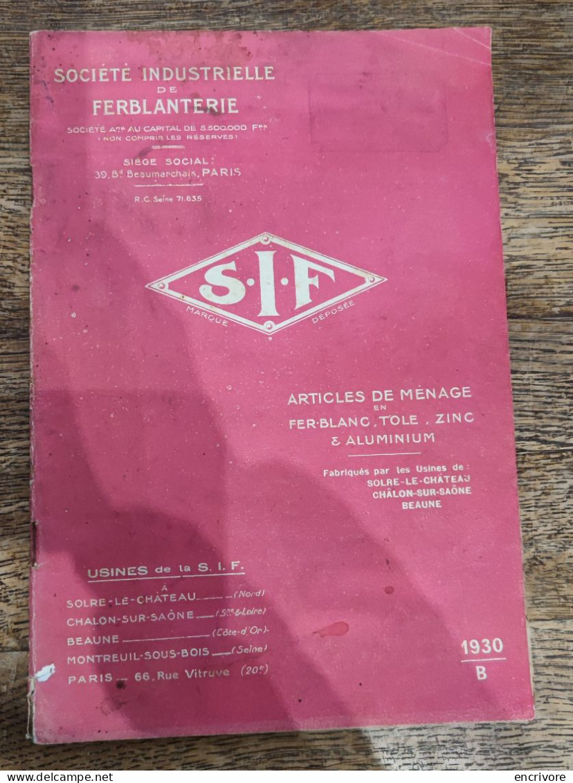 Catalogue S.F.I. Société Industrielle Ferblanterie Articles De Ménage 1930 Solre Le Château Chalon Beaune Lanternes - 1900 – 1949