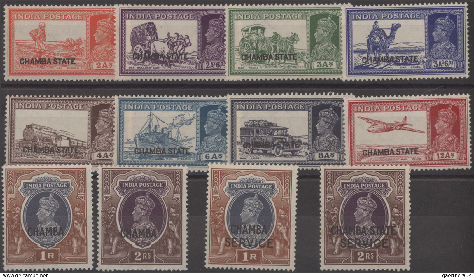 Chamba: 1938/1943 Group Of 25 Mint Stamps Of KGVI. Issues, Postage And Officials - Chamba