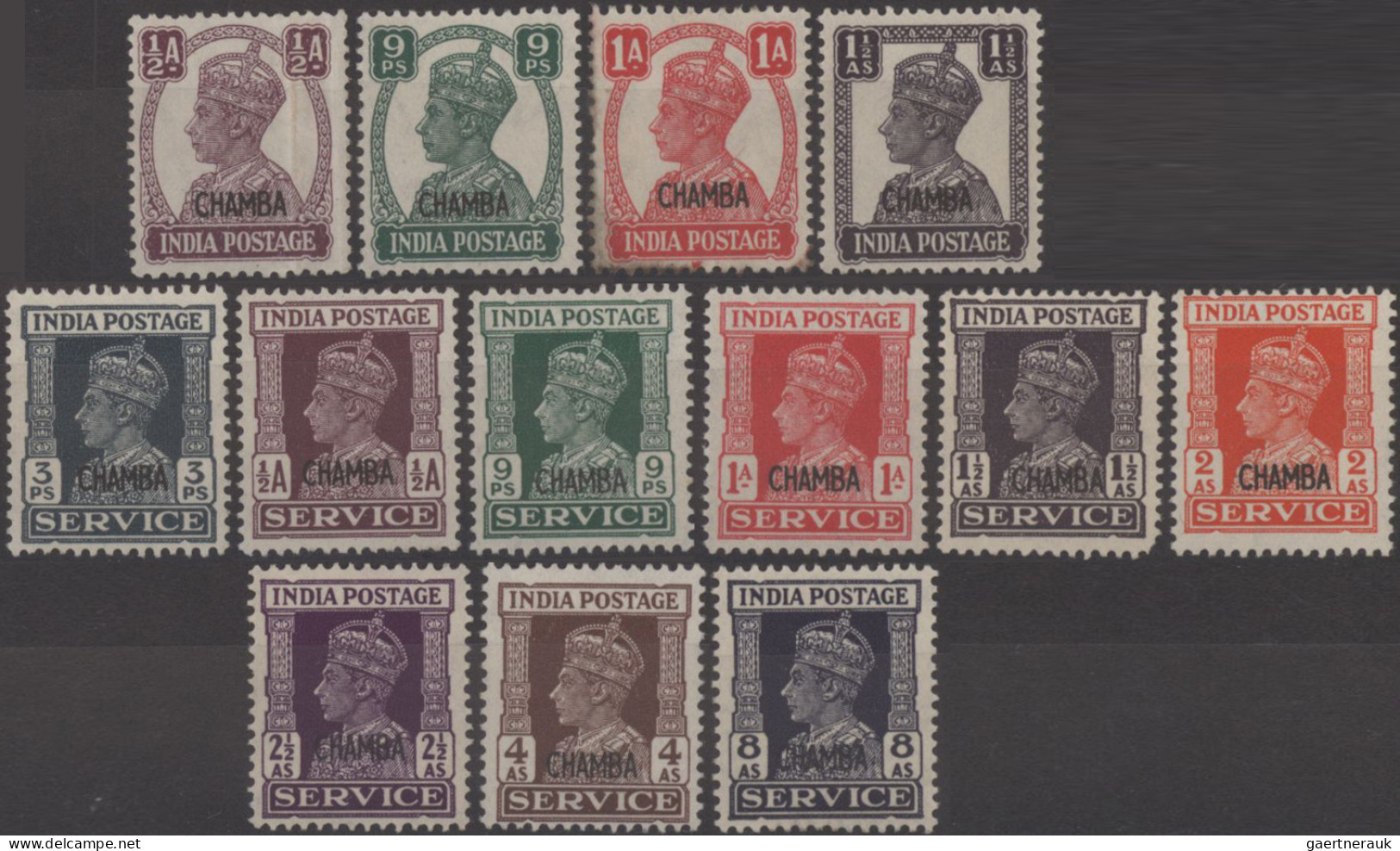 Chamba: 1938/1943 Group Of 25 Mint Stamps Of KGVI. Issues, Postage And Officials - Chamba