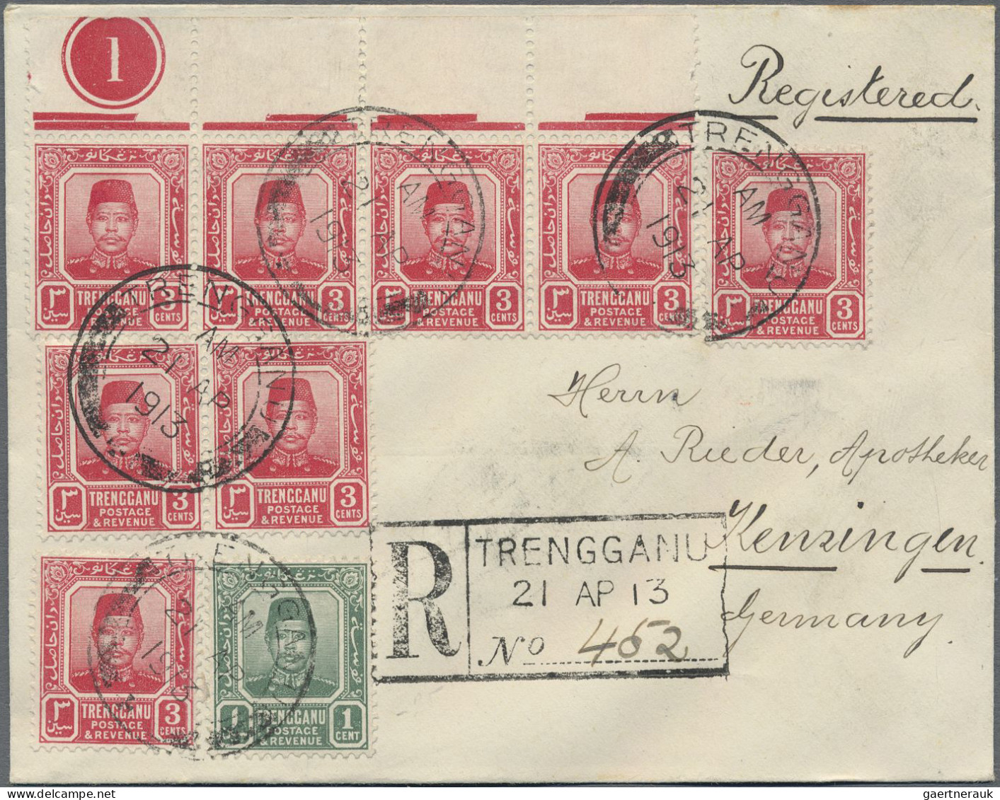 Malayan States - Trengganu: 1913 Eight Registered Covers To Pharmacist Rieder In - Trengganu