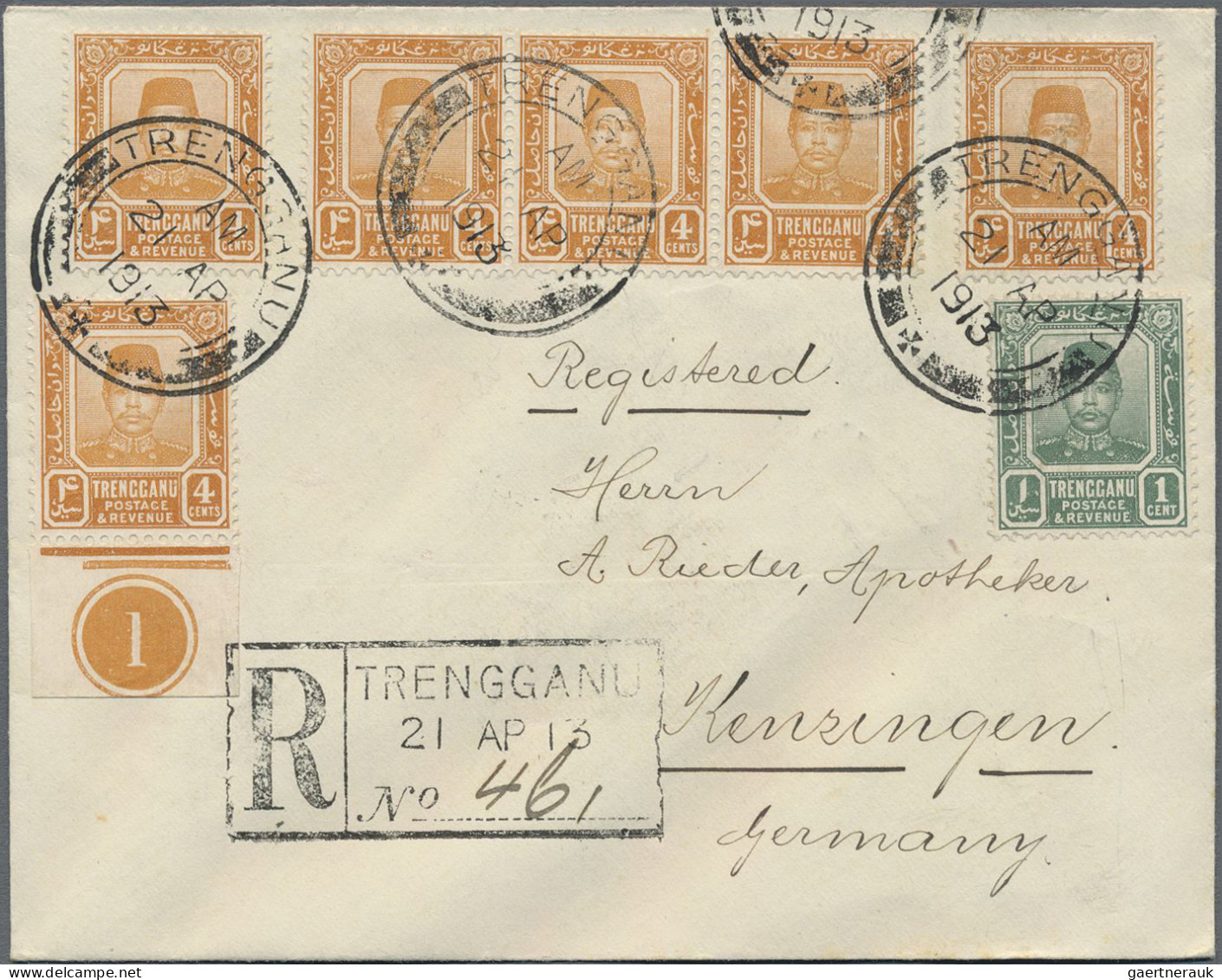 Malayan States - Trengganu: 1913 Eight Registered Covers To Pharmacist Rieder In - Trengganu