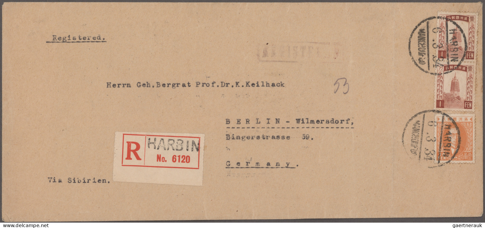 Mandchukuo: 1932/1940, Group With Two Registered Covers 1934 Harbin-Berlin And 1 - 1932-45 Manciuria (Manciukuo)