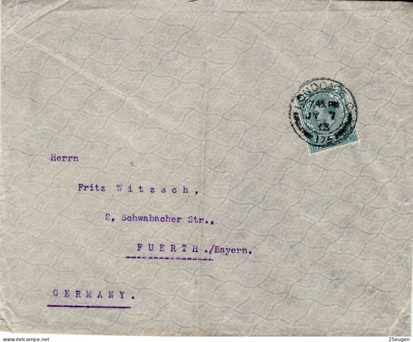 GREAT BRITAIN 1913 LETTER SENT FROM LONDON TO FUERTH - Storia Postale