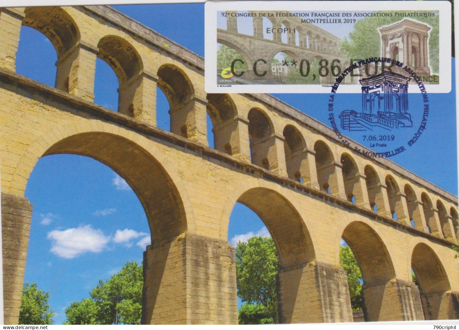 CARTE MAXIMUM  VIGNETTE LISA AQUEDUC SAINT CLEMENT DE MONTPELLIER OBLT 1ER JOUR ILLUSTRE 7.06.2019  EDITIONS DU CASTELET - 2010-2019