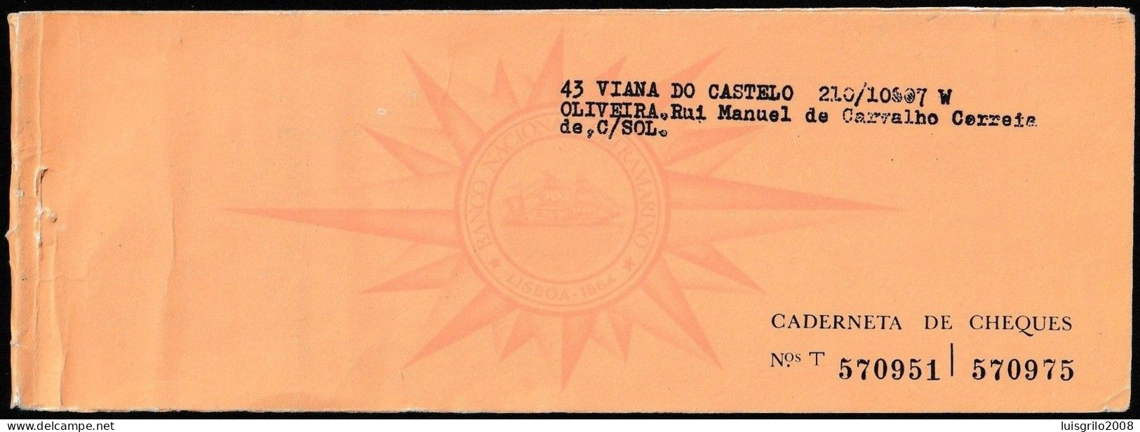 Portugal, Cheque/ Capa Caderneta - Banco Nacional Ultramarino. Viana Do Castelo - Cheques & Traverler's Cheques