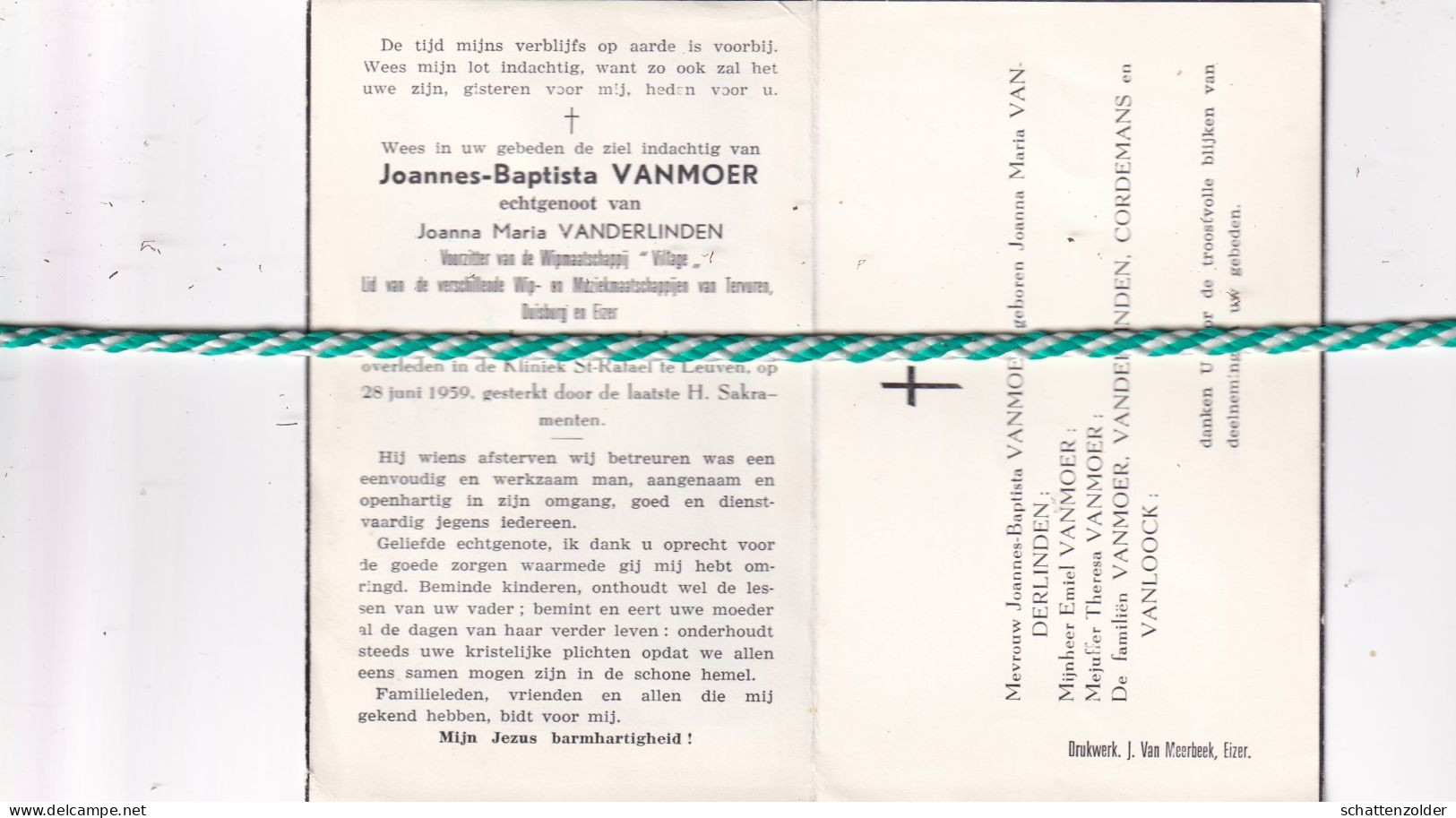 Joannes-Baptista Vanmoer-Vanderlinden, Duisburg 1908, Leuven 1959 - Todesanzeige