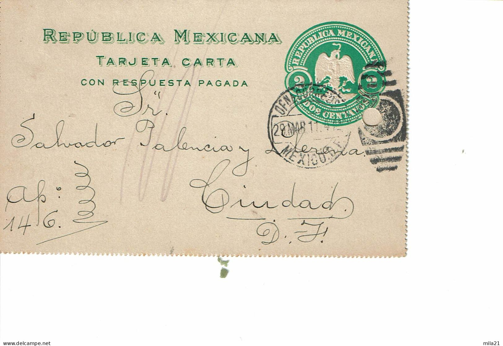 MEXIQUE  Entier Postal Type CARTE LETTRE   DOS CENTAVOS - Mexique
