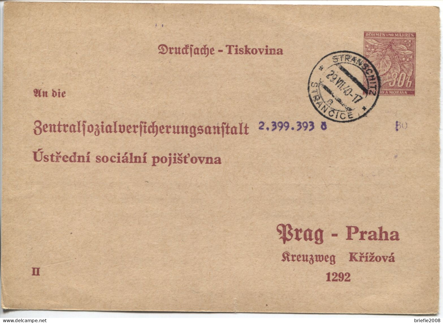 Böhmen Und Mähren Ganzsache DPB1A HELLER WERTSTEMPEL Sozialversicherung Gestempelt - Lettres & Documents