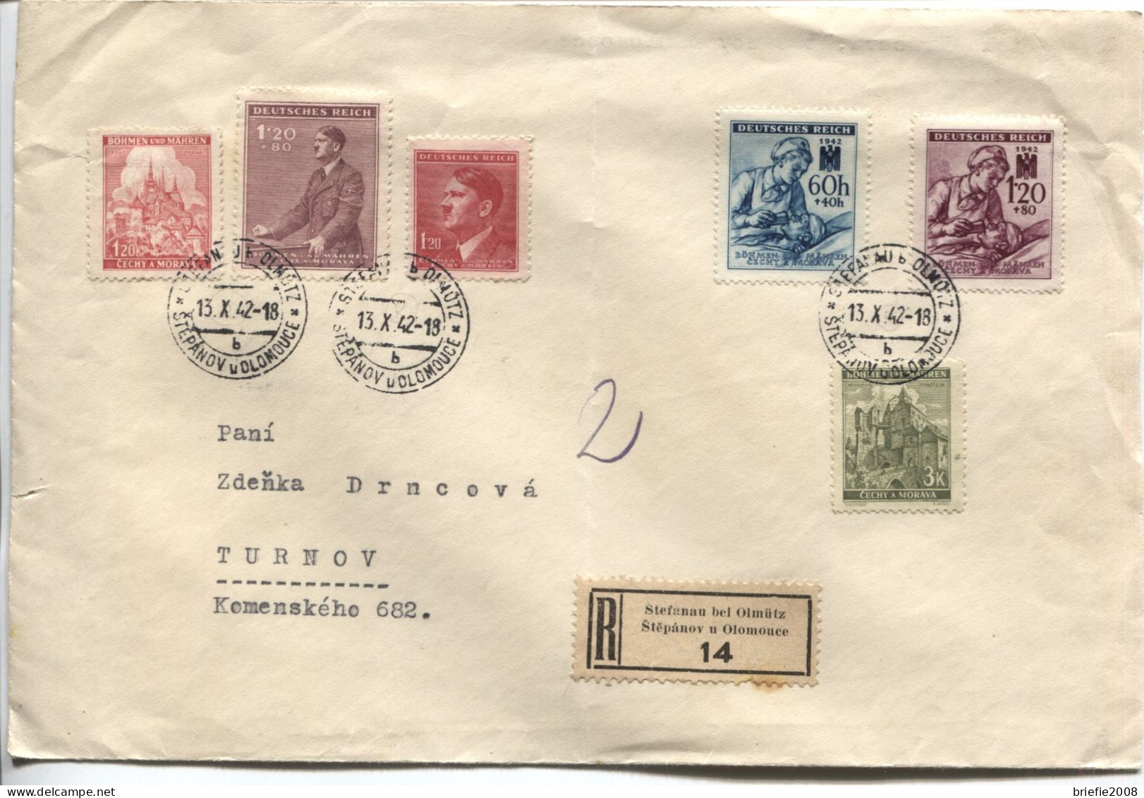 Böhmen Und Mähren # 111-2 +Zusatzfrankatur Rotes Kreuz Einschreibebrief Stefanau 13.10.42 - Brieven En Documenten