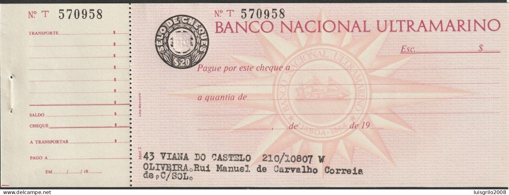 Portugal, Cheque - Banco Nacional Ultramarino. Viana Do Castelo - Chèques & Chèques De Voyage