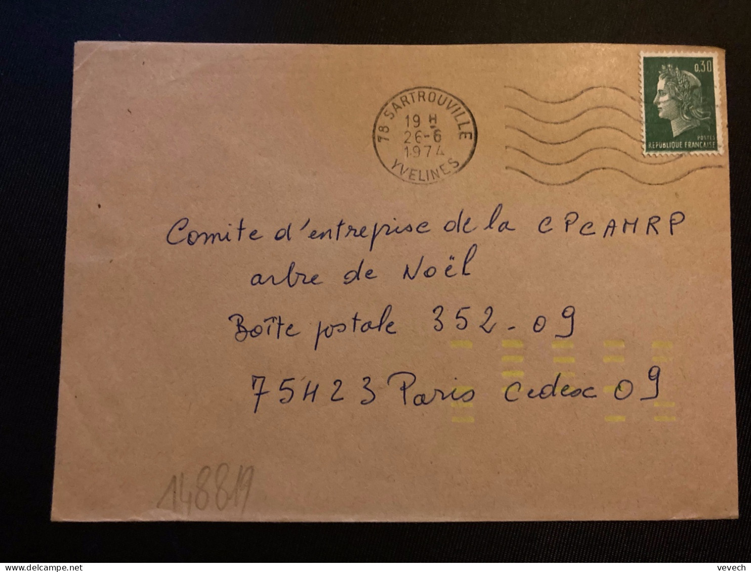 LETTRE TP M DE CHEFFER 0,30 OBL.MEC.26-6 1974 78 SARTROUVILLE + TRI INDEXATION BARRES JAUNES Marque à Sec 28 - 1961-....