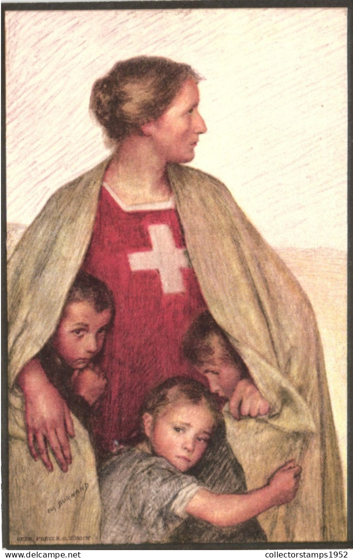 ILLUSTRATION, WOMAN PROTECTING TREE CHILDREN, SWITZERLAND, POSTCARD - Non Classés
