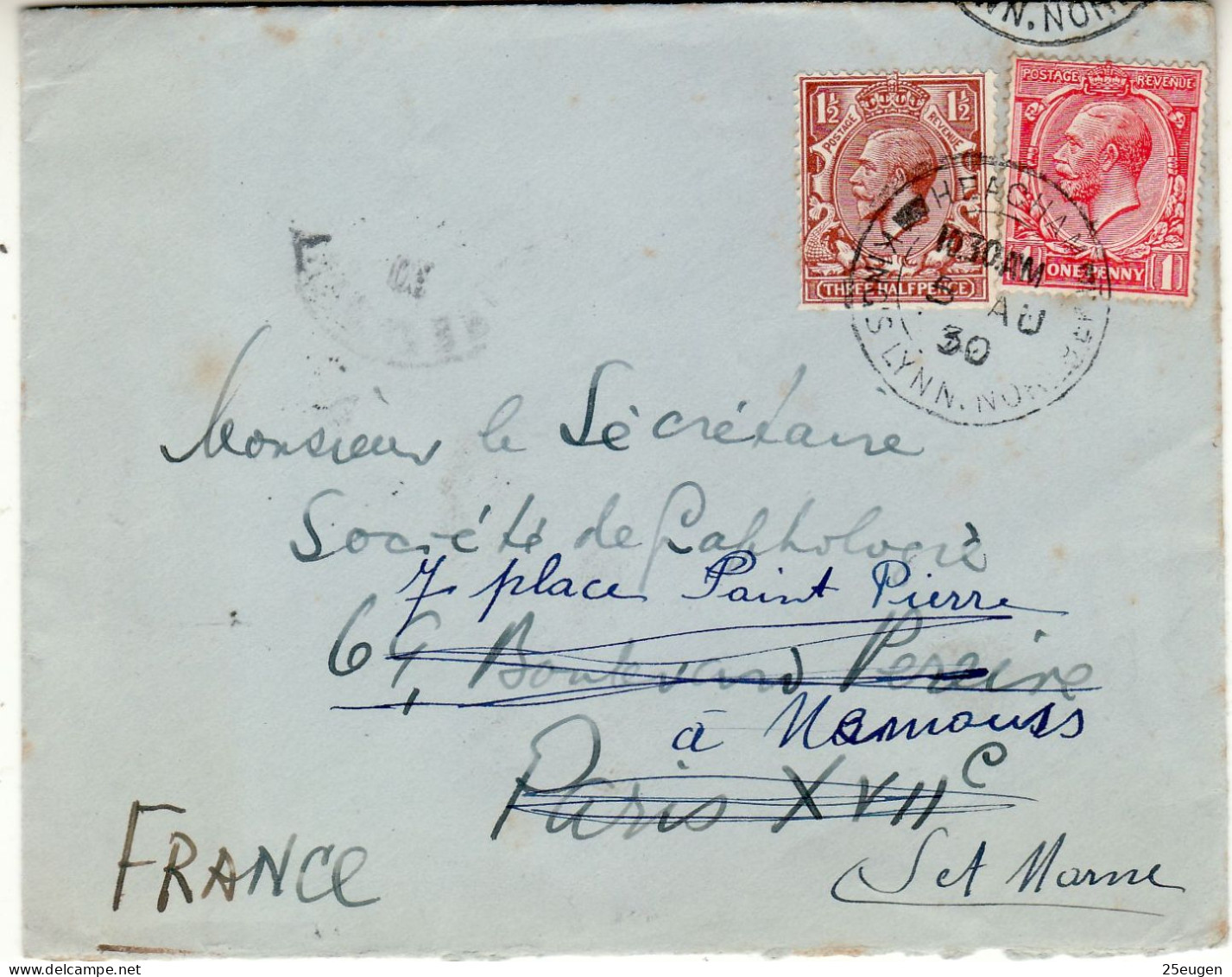 GREAT BRITAIN 1930 LETTER SENT FROM HEACHAM TO PARIS - Covers & Documents