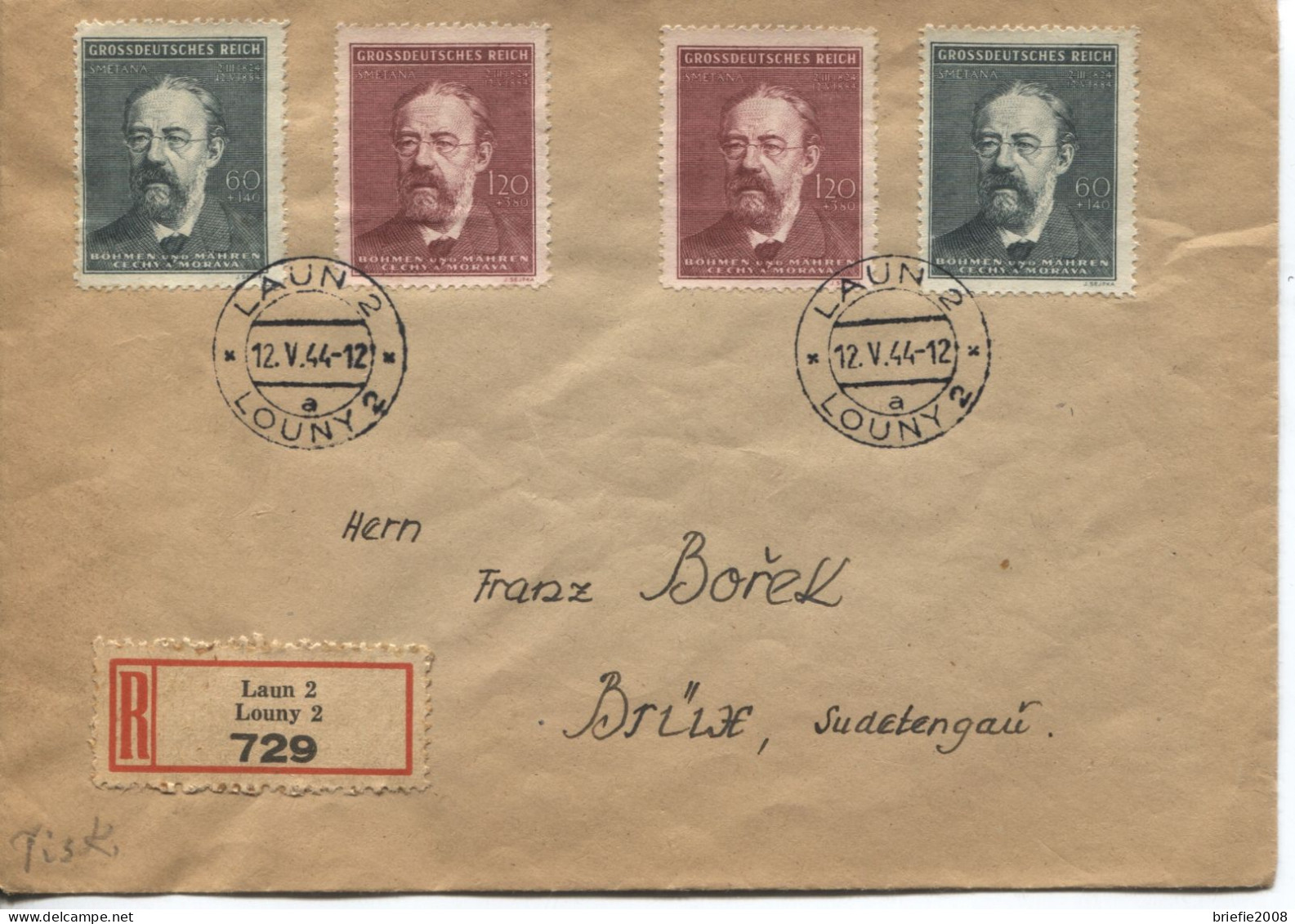 Böhmen Und Mähren # 138-9 (2x) Smetana Komponist Einschreibebrief Laun 12.5.44 > Brüx - Covers & Documents