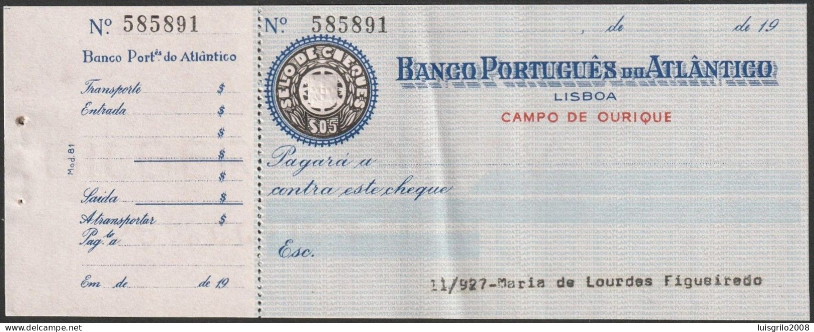 Portugal, Cheque - Banco Português Do Atlântico. Lisboa - Cheques & Traverler's Cheques