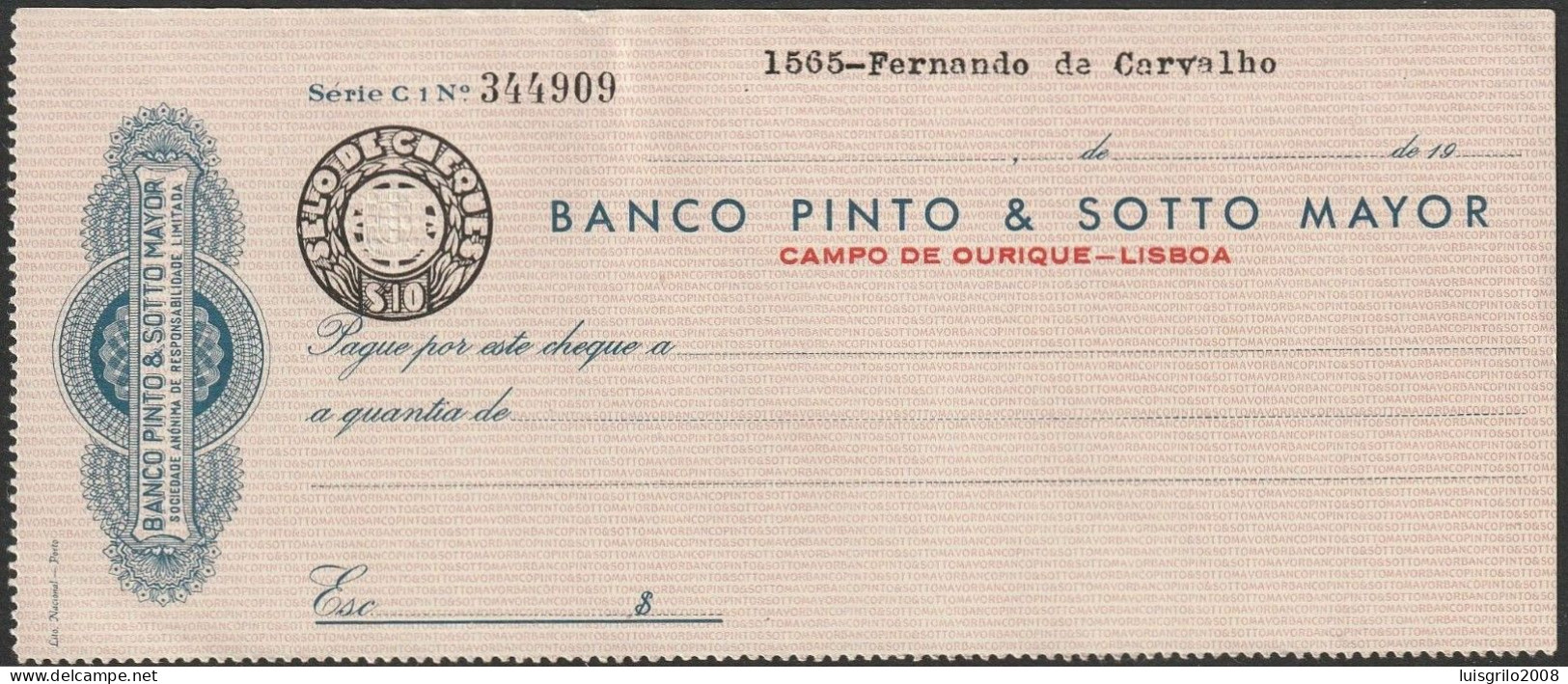 Portugal, Cheque - Banco Pinto & Sotto Mayor. Campo De Ourique, Lisboa - Cheques & Traverler's Cheques