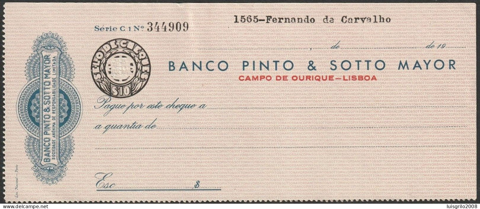 Portugal, Cheque - Banco Pinto & Sotto Mayor. Lisboa -|- Selo De Cheques $10 - Ongebruikt