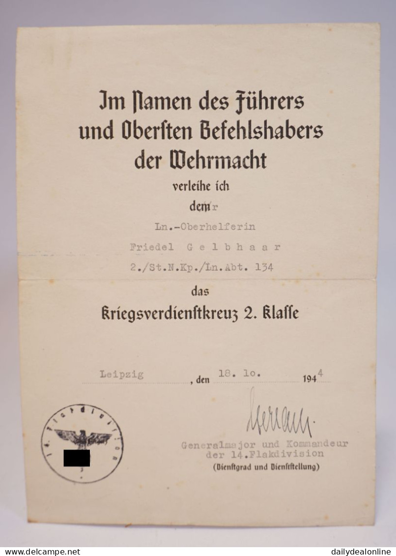 Original Verleihungsurkunde 2. WK WW2 1944 Kriegsverdienstkreuz 2. Klasse - 1939-45