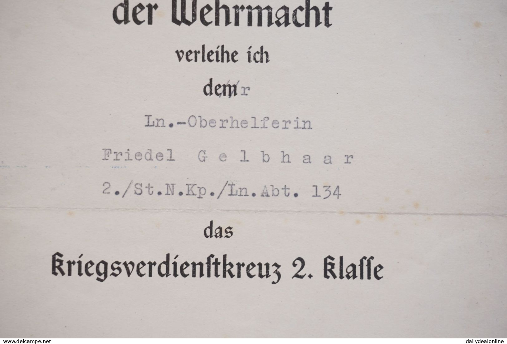 Original Verleihungsurkunde 2. WK WW2 1944 Kriegsverdienstkreuz 2. Klasse - 1939-45