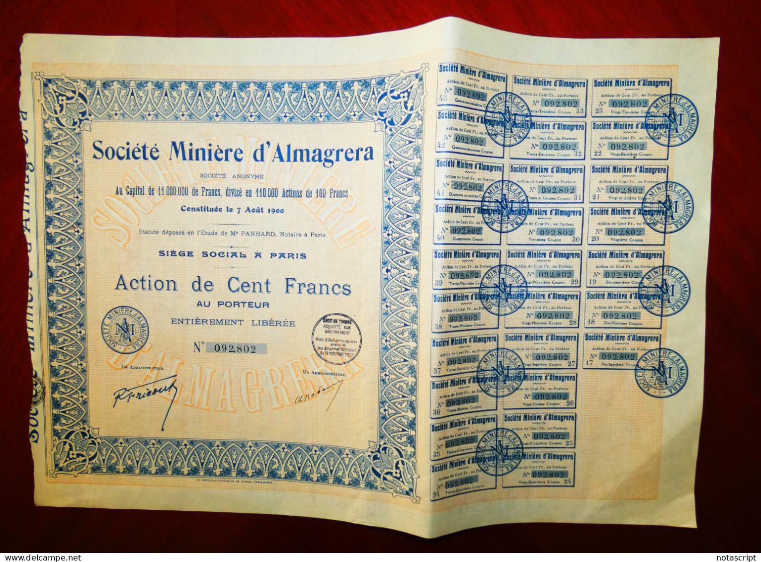 Société Minière D'Almagrera, 1927.Paris /Sierra De Almagrera (Almeria/Spain)  Certificate - Miniere