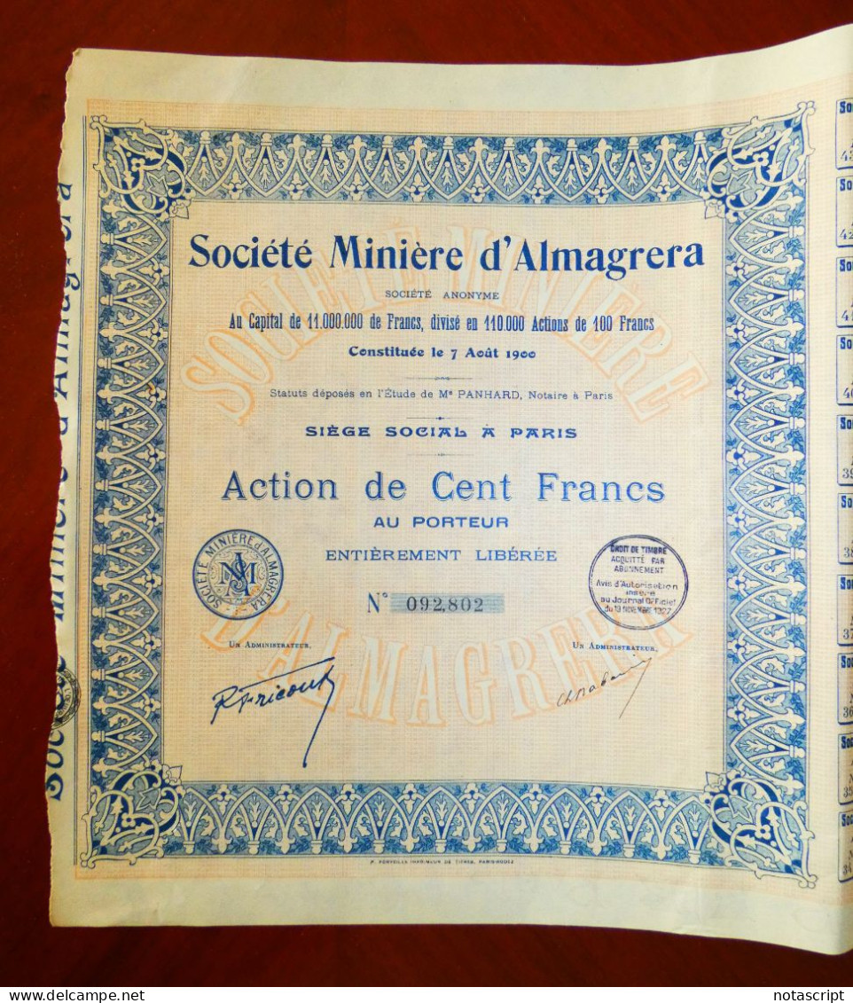 Société Minière D'Almagrera, 1927.Paris /Sierra De Almagrera (Almeria/Spain)  Certificate - Bergbau