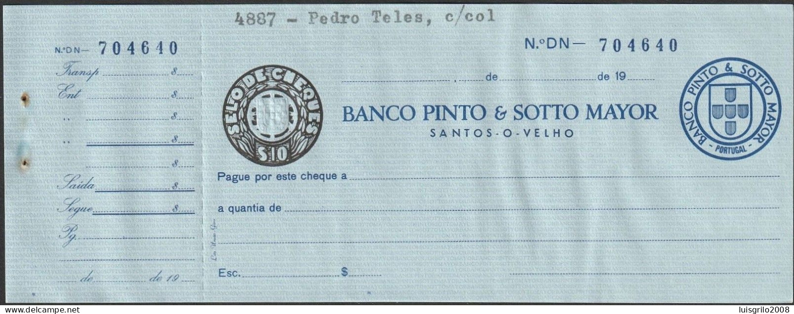 Portugal, Cheque - Banco Pinto & Sotto Mayor. Santos O Velho, Lisboa -|- Selo De Cheques $10 - Ongebruikt