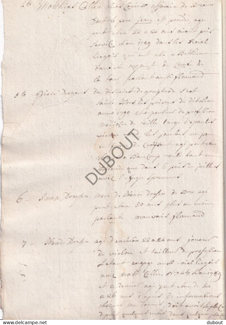 Limburg - Manuscript ± 1789 Opsomming Gevluchte Gangsters (V3105) - Manuscrits