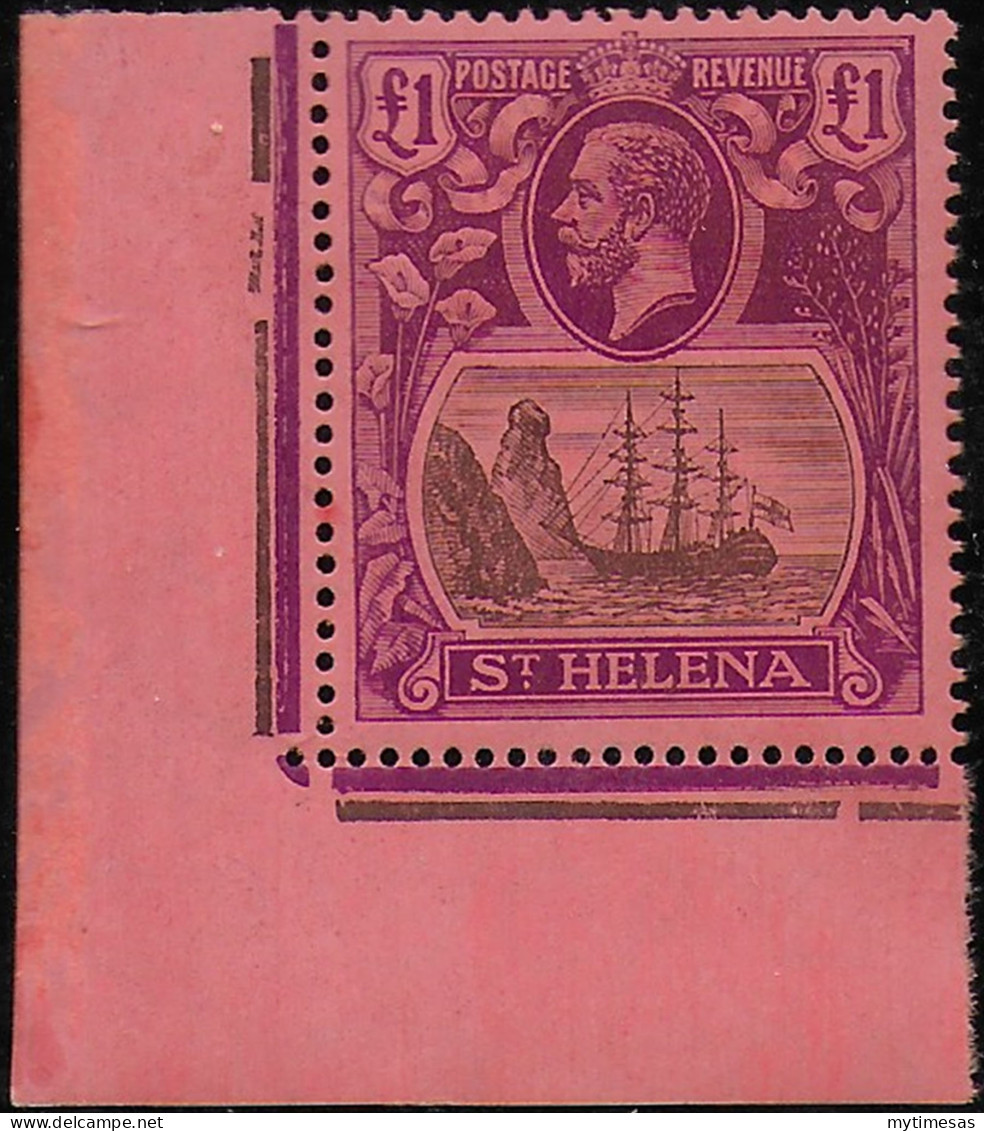 1922 St Helena George V 1£ Grey And Purple Red Corner MNH SG N. 96 - Sonstige & Ohne Zuordnung