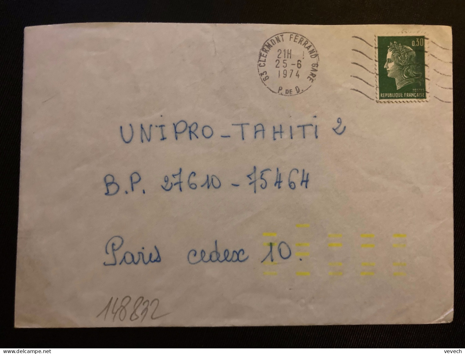 LETTRE TP M DE CHEFFER 0,30 OBL.MEC.25-6 1974 63 CLERMONT FERRAND GARE + TRI INDEXATION BARRES JAUNES Marque à Sec 04 - 1961-....