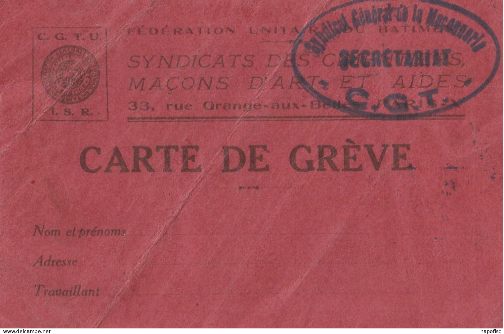 01-Carte De Grève Syndicats Des Cimentiers, Maçons D'Art & Aide ..C.G.T... Paris.1936 - Ambachten