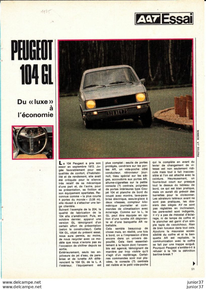 Feuillet De Magazine, Peugeot 104 GL 1975 - Cars